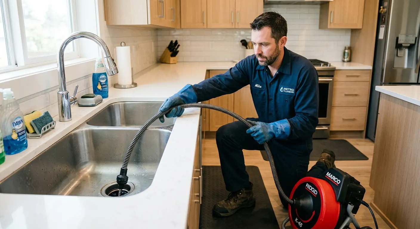 Drain cleaning technician using a motorized snake on a kitchen sink in Winchendon