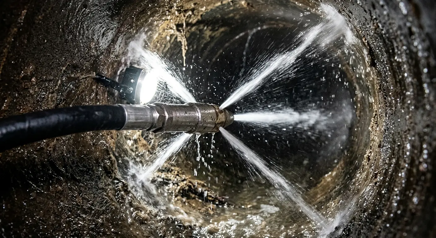 High-pressure hydro jetting nozzle cleaning sewer pipe for Trenchless Sewer Repair in Winchendon