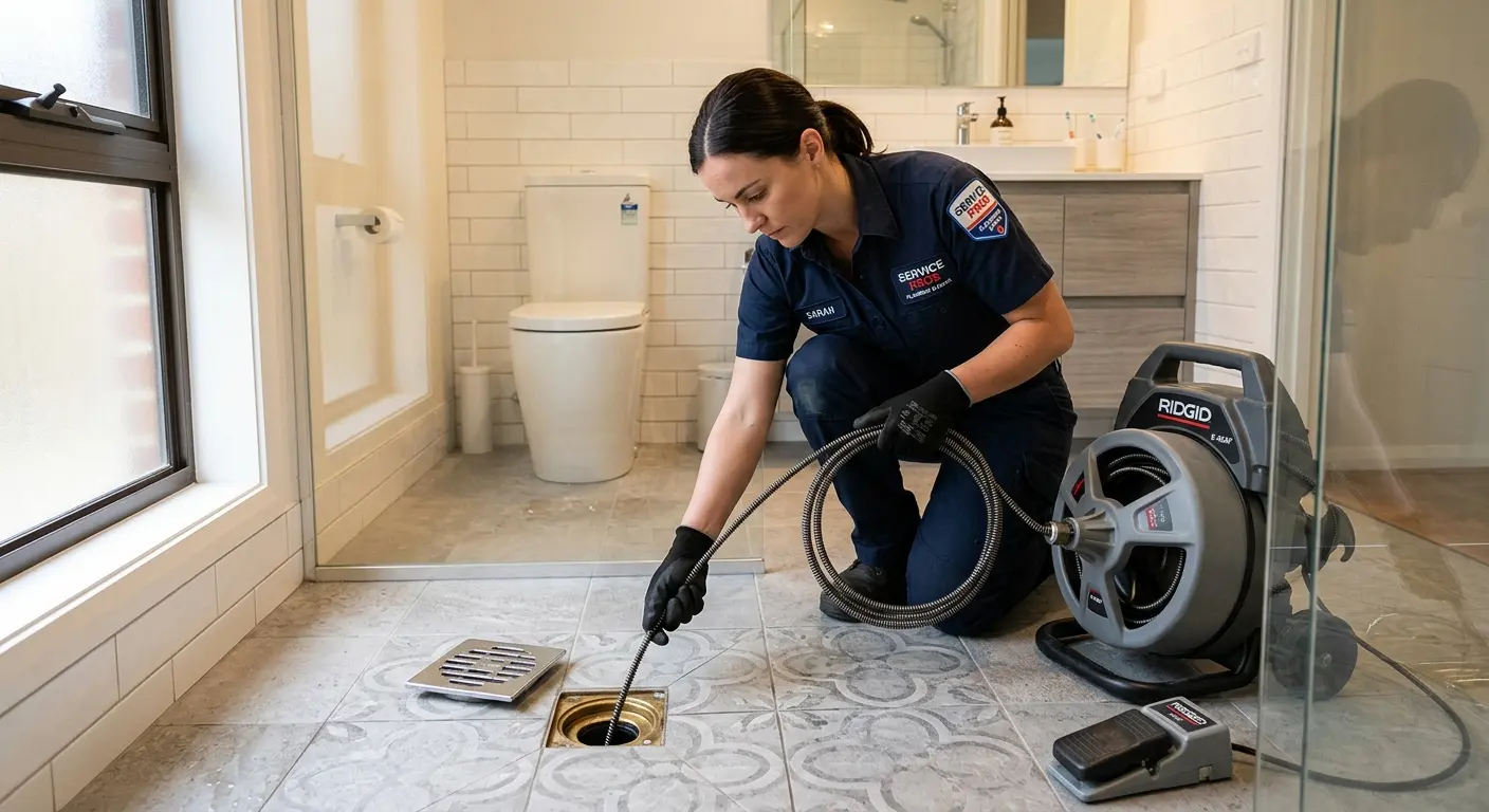 Technician clearing a bathroom floor drain for Drain Cleaning in Winchendon